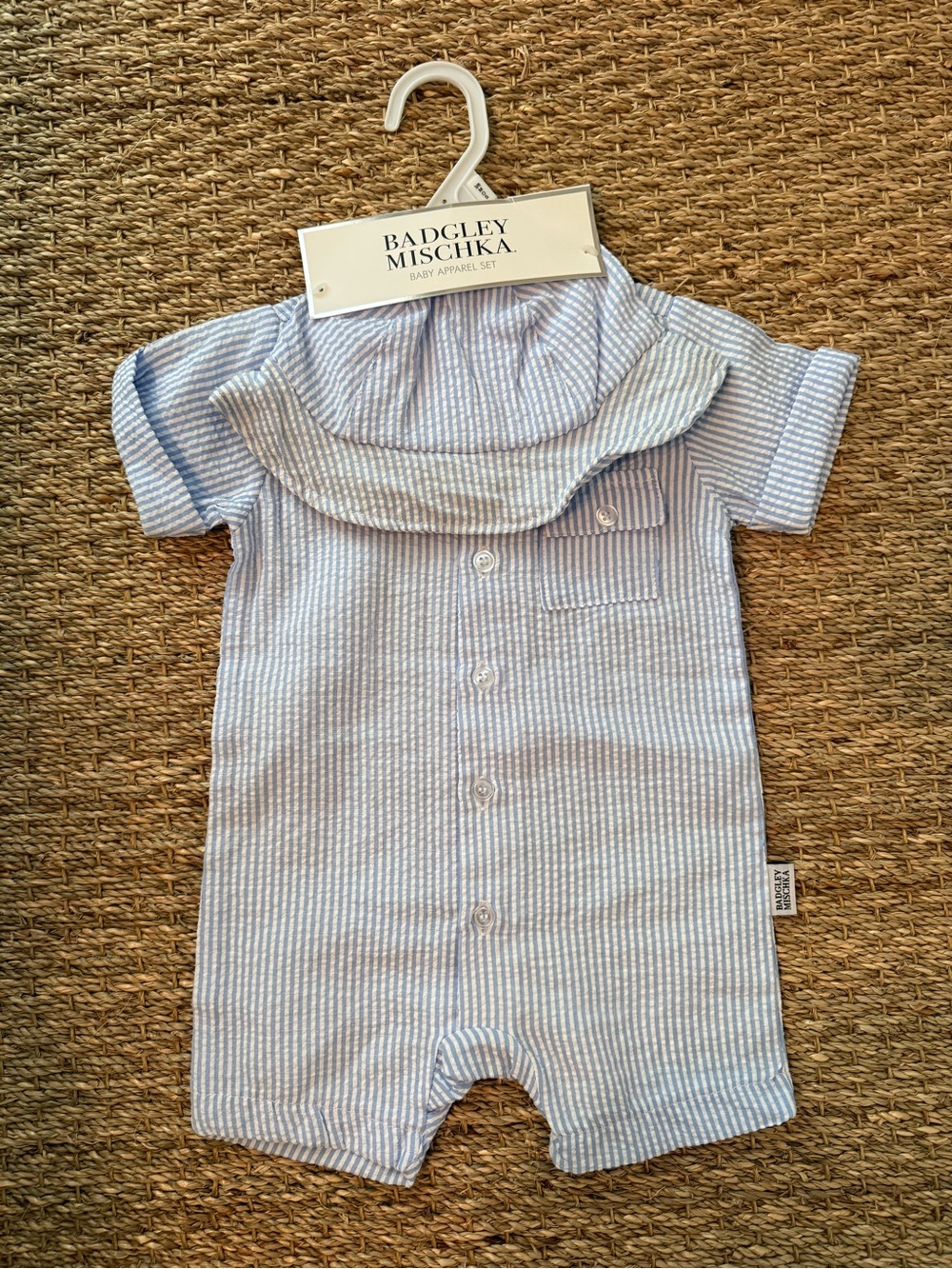 Badgley Mischka Light Blue and White Striped Baby One-Piece